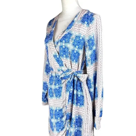 Ciebon Rachelle Blue Multi Print V-neck Long Sleeve Mini Wrap Dress - Picture 11 of 16